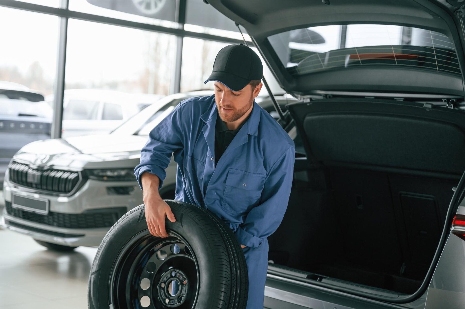 Putting the tire out of automobile Man in blue uniform is working in the car service